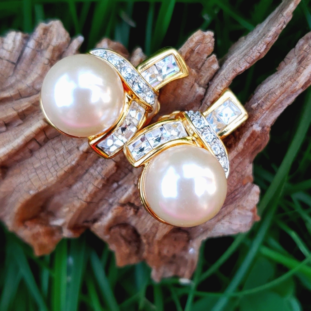 Vtg Kenneth Jay Lane Kjl Pearl Diamante Rs Earring - image 8